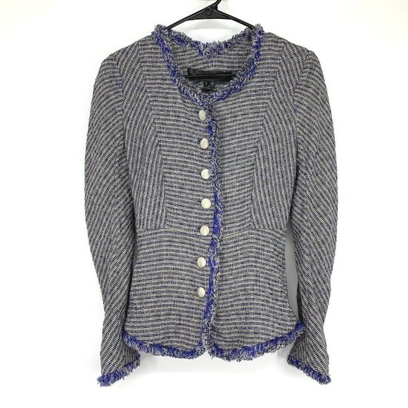 Theyskens' Theory Jossak Jacket Womens 2 Blue Tweed Stretch Button Fray Trim - Picture 1 of 11